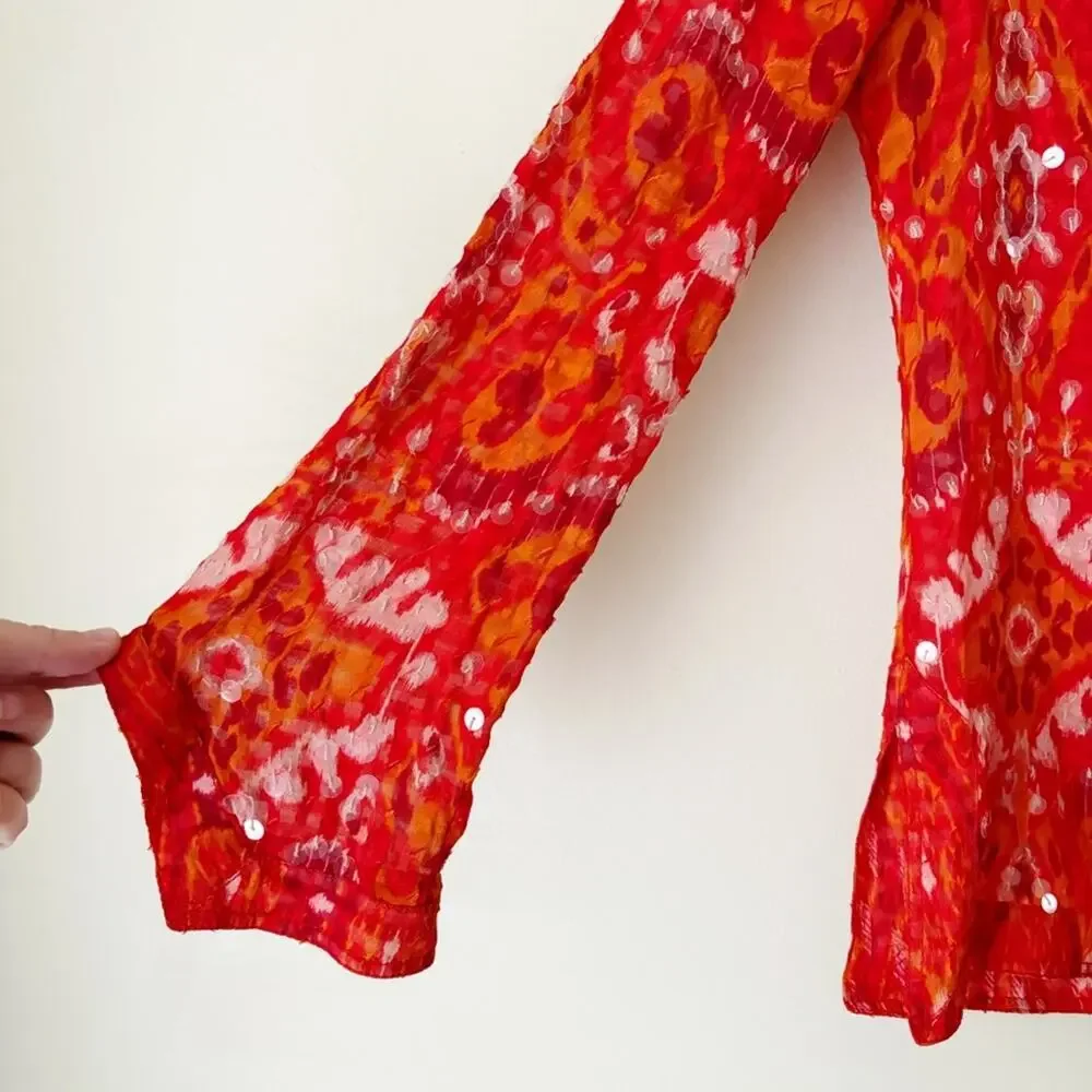 Tory Burch | Stephanie Tunic Top Sequin Embellished Ikat Red Orange Size 2